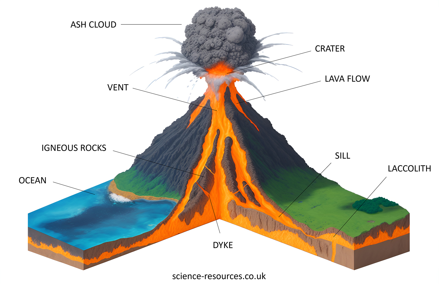 This image is a diagram illustrating the cross-section of a volcano and its surroundings. It labels various parts and features associated with volcanic activity.
